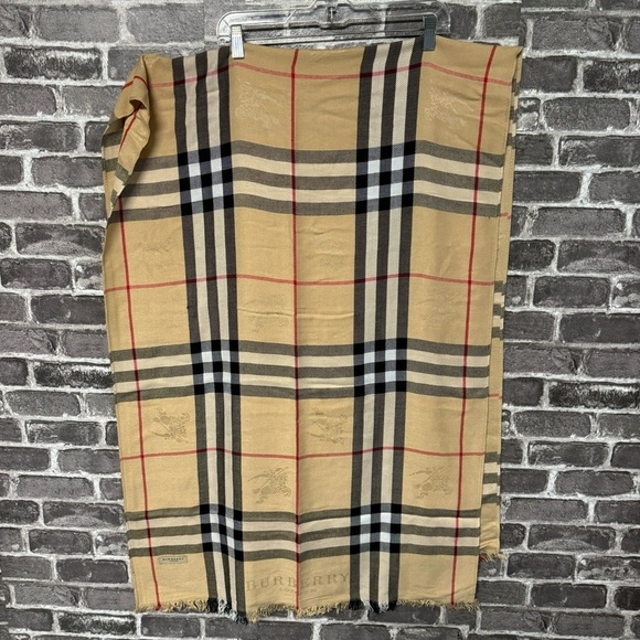 Burberry scarf nova check tan white plaid fringe hem - Picture 1 of 7